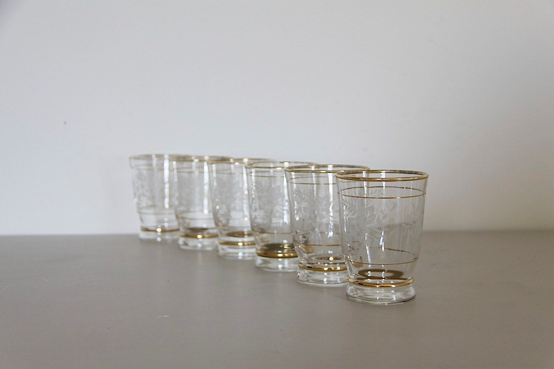 Pretty French Water Glasses Decorated with Flowers and Gilding Set of 6