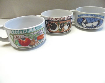 Vintage Soup Cups Mugs Vegetable Soups Ceramic Bowl Set Of Three