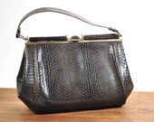 1950s Handbags, Purses, and Evening Bag Styles Vintage Faux Alligator Purse Handbag 40s $45.00 AT vintagedancer.com