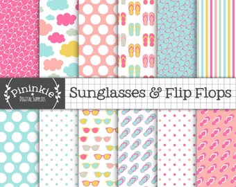 Summer Digital Paper, Beach Digital Scrapbook Paper, Sunglasses, Flip Flops, Polka Dots, Stripe, Commercial Use, Instant Downlo