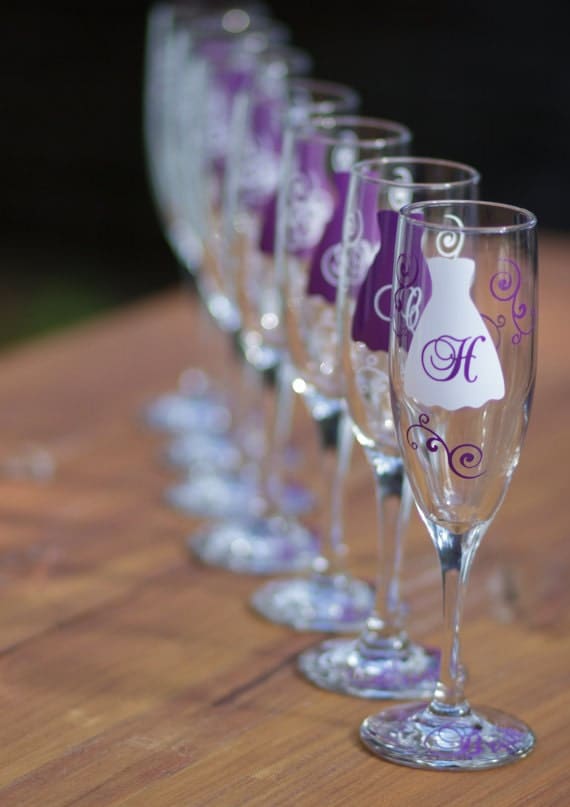 Bride and Bridesmaids champagne glasses Personalized set of 7