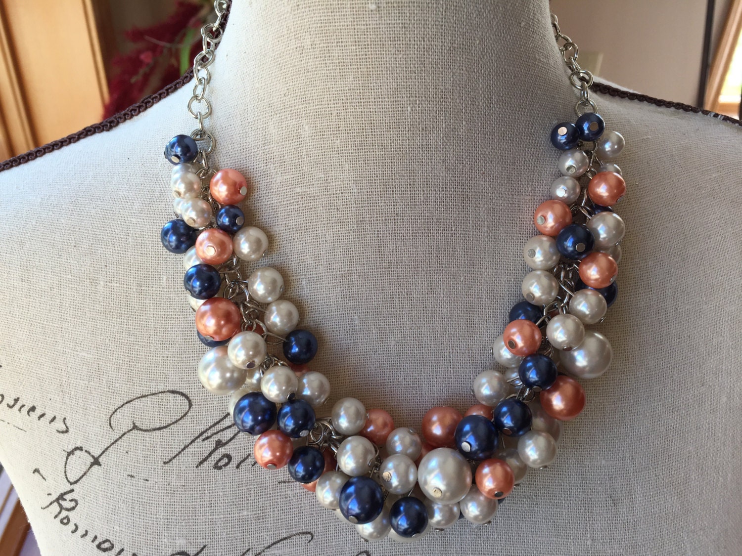 Cluster statement necklace in Ivory, navy and coral, coral wedding, Chunky pearl necklace, bridesmaid jewelry, navy coral wedding
