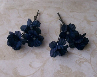 Navy Blue Flower Hair Pins - Small Dark Blue Flower Bobby Pins - Brides - Bridesmaids- Prom