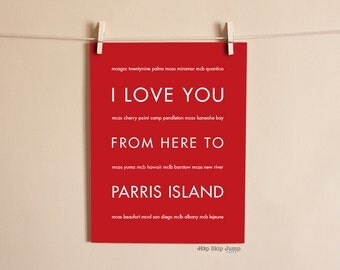 Marine Girlfriend, USMC Marine Corps, Long Distance Gift, Military Decor, I Love You From Here To PARRIS Island, Shown in Scarlet Red