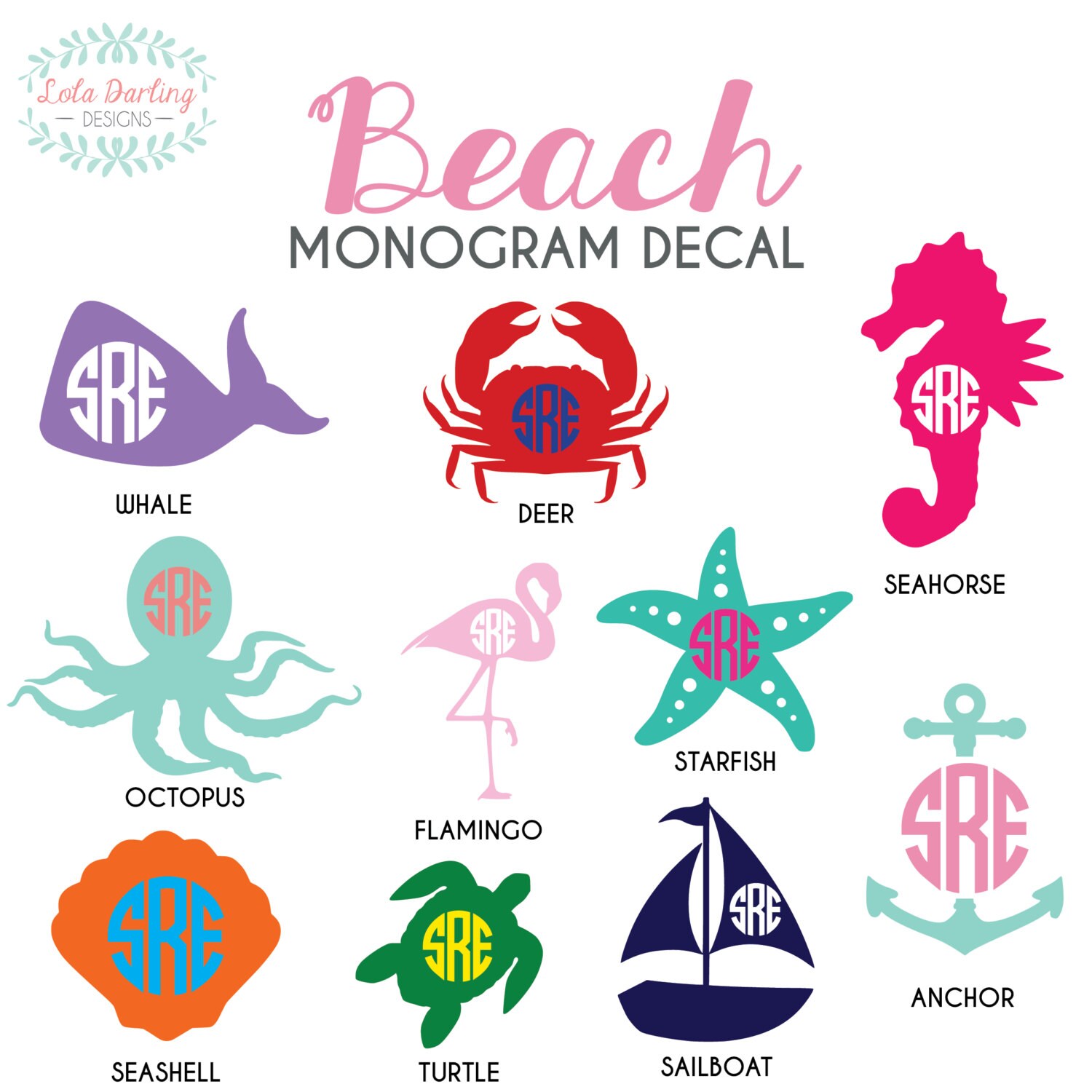 Download Beach Monogram Vinyl Decal 26 by LolaDarlingDesigns on Etsy