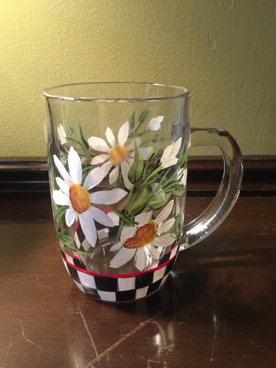 Hand Painted Glass Mug Farmhouse Daisies by traditionsbylinda