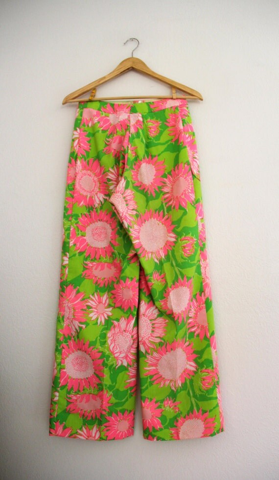 1970s Lilly Pulitzer Floral Pants Wide Leg Pink Green