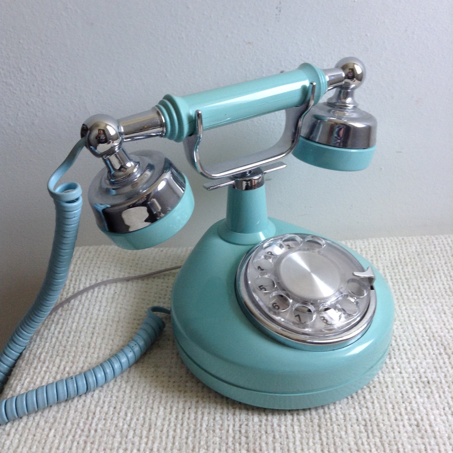 Vintage French Style Phone. Turquoise and Chrome. Rotary
