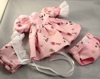 Bitty size Dress, Bonnet and Diaper in Hello Kitty Peace in Pink
