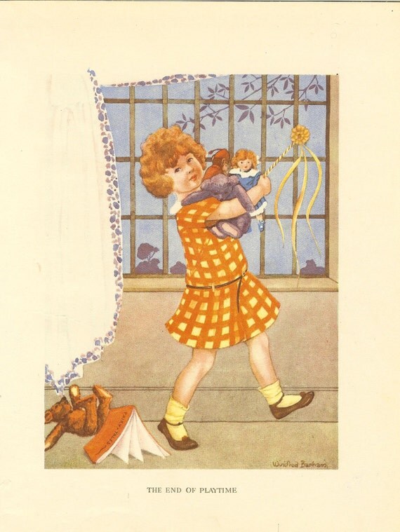 1920's Vintage Winifred Barham Children's Print Curly Red Haired Girl Checked Dress Clears Away Toys Playtime Book Plate Book Illustration