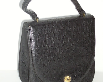 PRESTIGE Vintage 50s 60s Black Ostrich Embossed Leather Handbag Purse