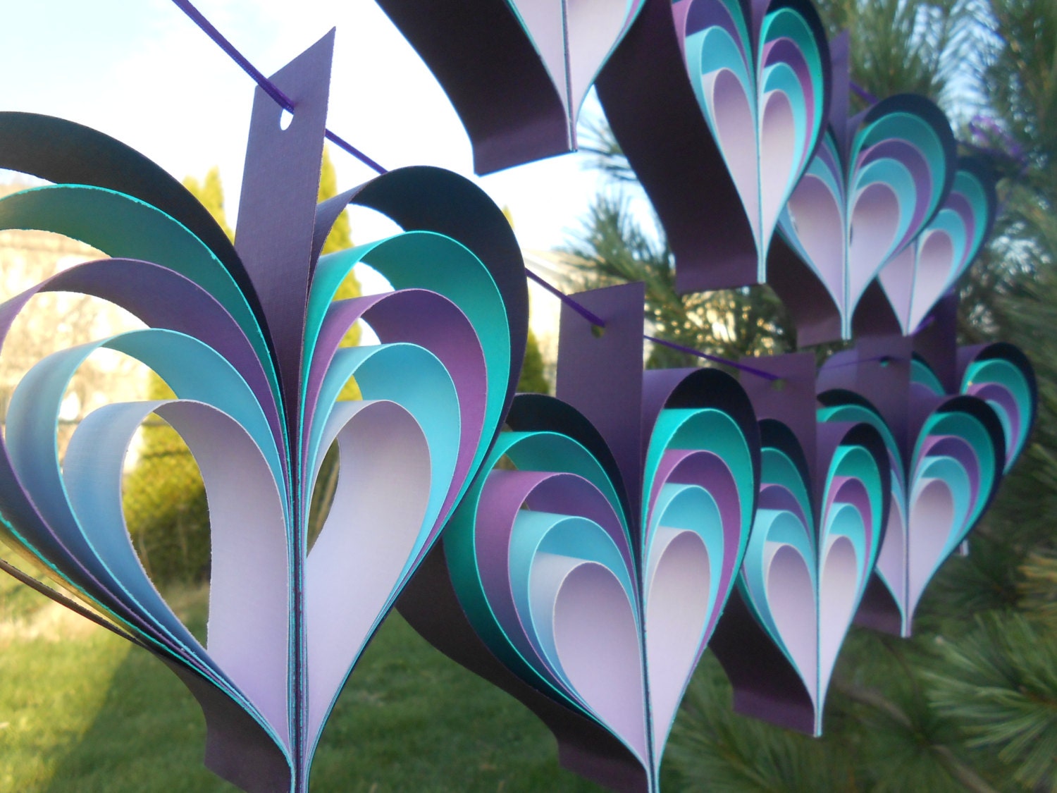 TWO Garlands Of PURPLE &amp; TURQUOISE Hearts. 10 Hearts. Wedding