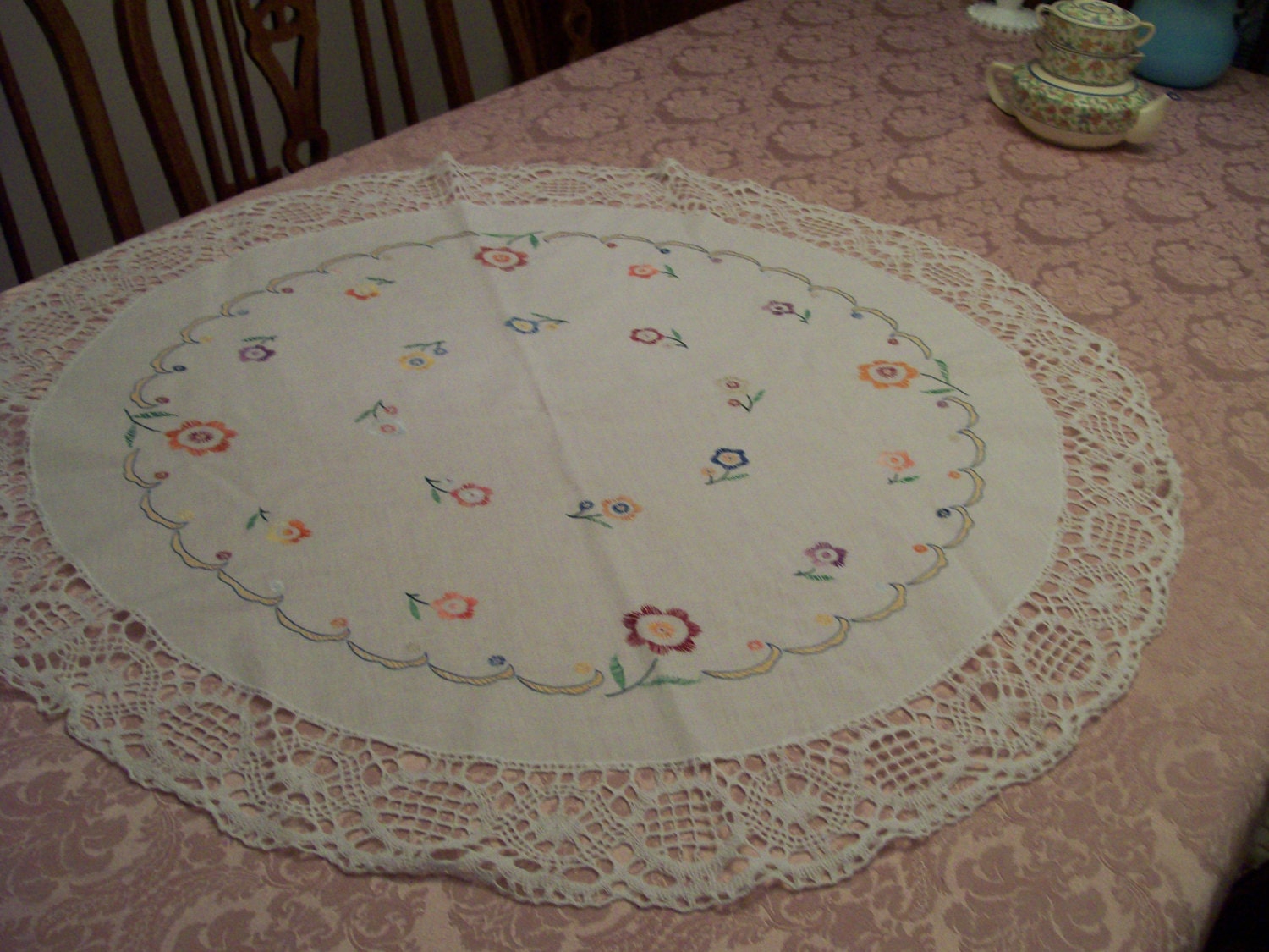 Round Embroidered Doily Table Topper 36 Diameter Hand