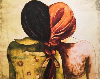 sisters art print red and black hair gift idea
