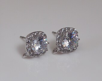 2 Pcs - CZ Square Cushion Studs with Stainless Steel Post, Earring Stud, Cubic Zirconia Earrings, Findings, Bridal, Bridesmaid SAN15009