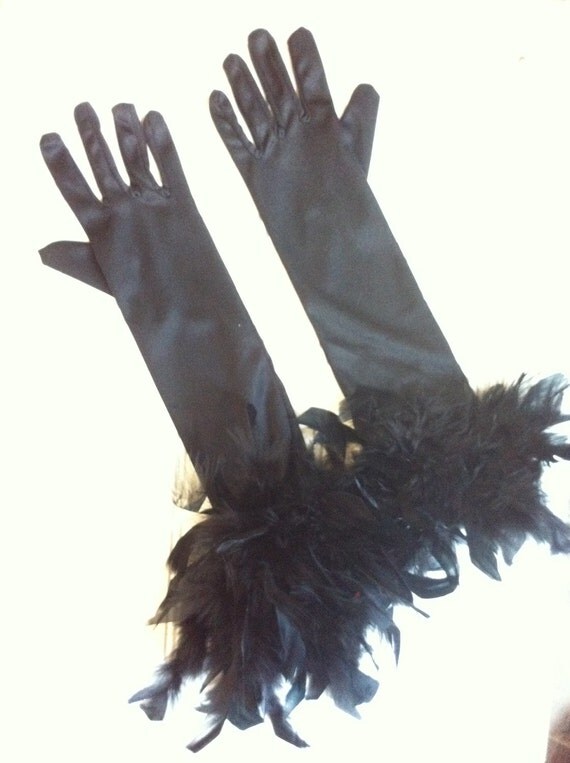 Vintage Womens Gloves with Feathers Feather Gloves long