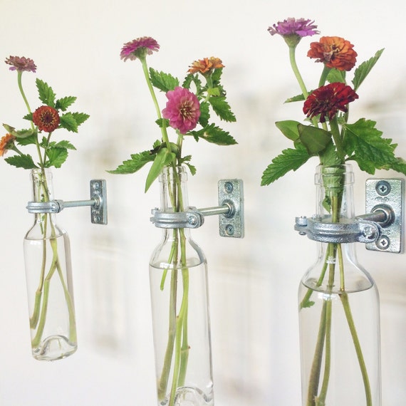 1 Wine Bottle Wall Flower Vase copper or silver Hanging