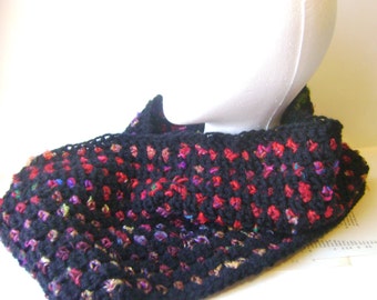 Crochet Infinity Scarf, OOAK Cowl Loop Scarf Made with Recycled Sari Silk, Black and Rainbow