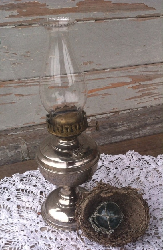 Antique Prim Silver Oil Lamp With Clear Glass Globe Vintage