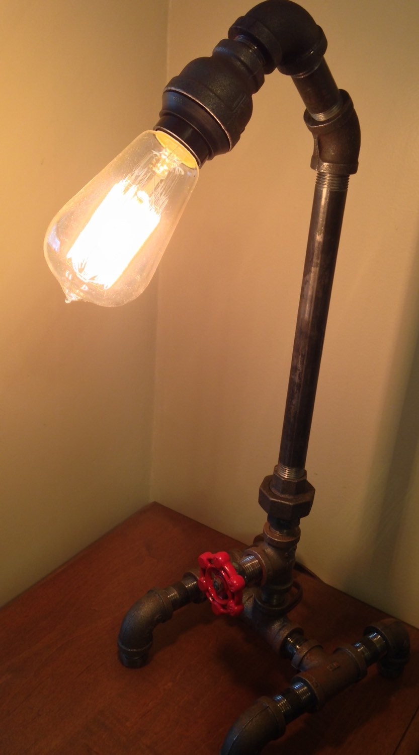 Industrial Iron Pipe Lamp and Faucet On/Off Switch Table