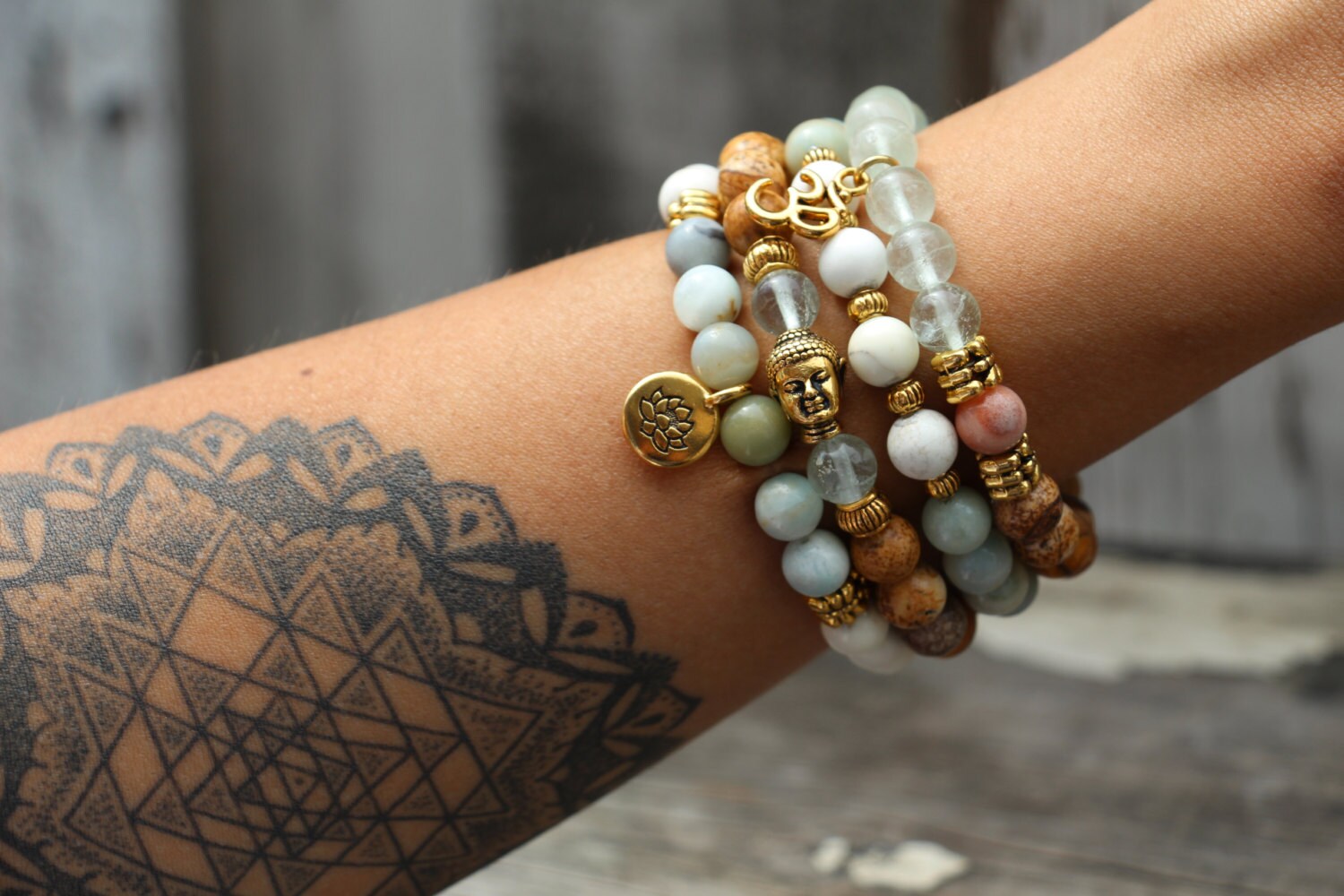 LOTUS ZEN Gold Bracelet Set Amazonite Green Quartz Howlite