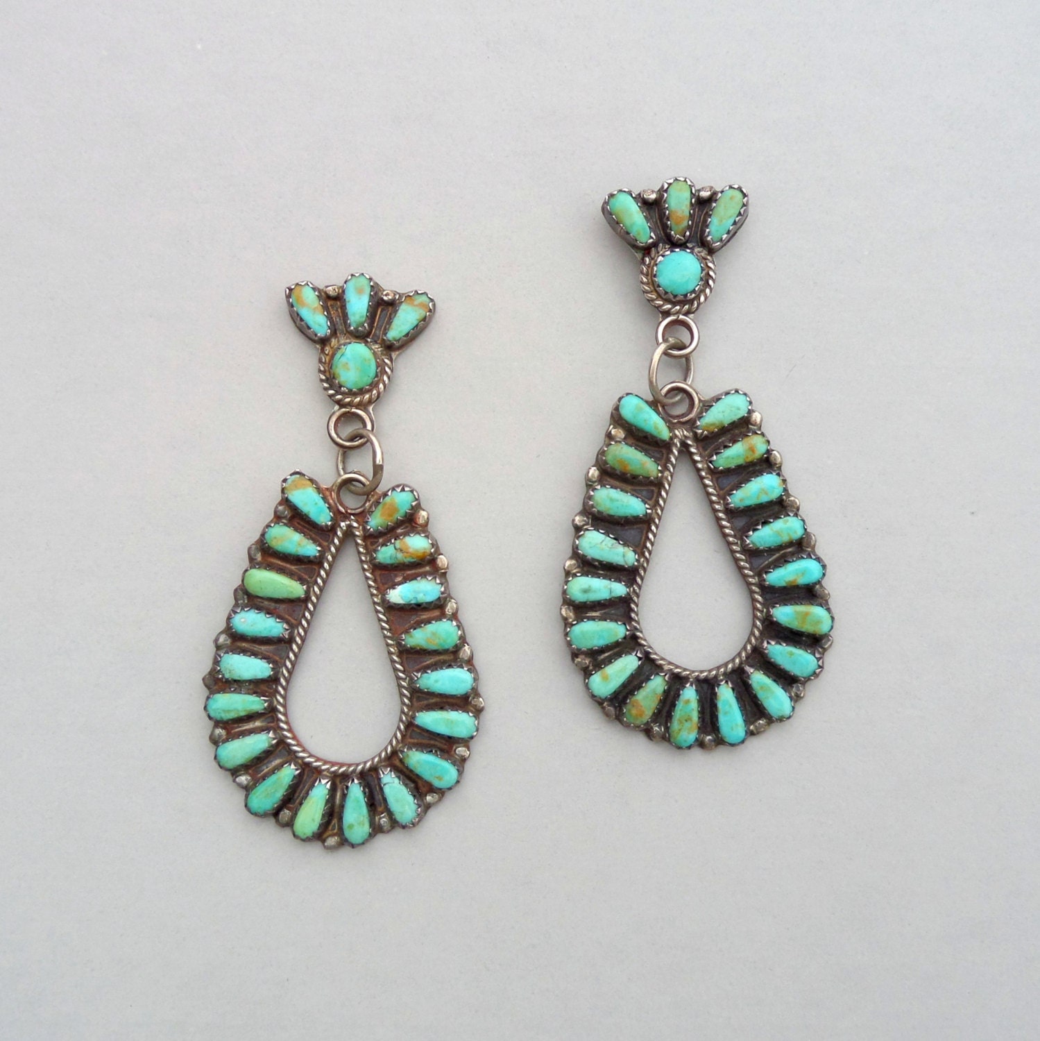 Turquoise Petit Point Earrings. Huge Signed Sterling by TheDeeps