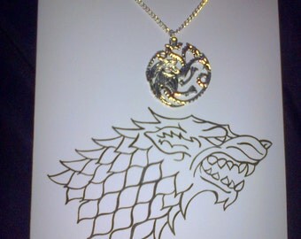 Game of Thrones Inspired Stark Direwolf Sigil card with Targaryen Sigil Dragon Necklace
