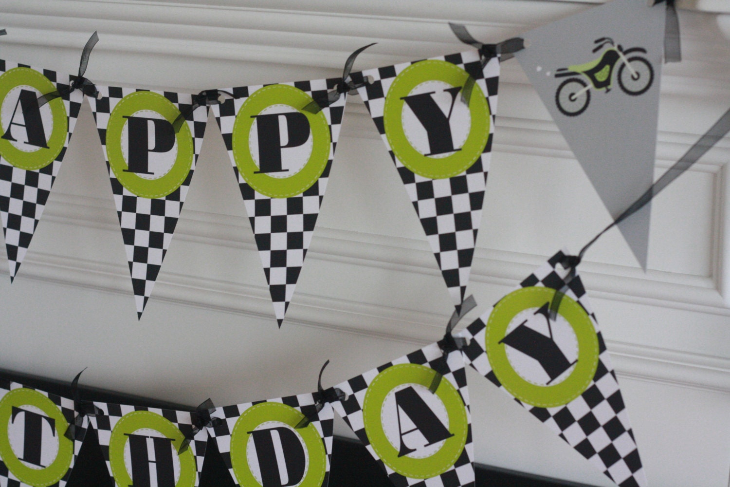 Happy Birthday Pennant Flag Checkered Flag Black Lime Green