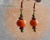 Orange Green Copper Boho Gypsy Dangle Earrings, Earthy Bohemian Jewelry, Ceramic Beads Earrings, Hypoallergenic earrings