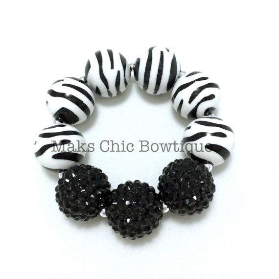 Items similar to Children's Twotone Black and White Zebra print Bling Chunky bracelet, animal