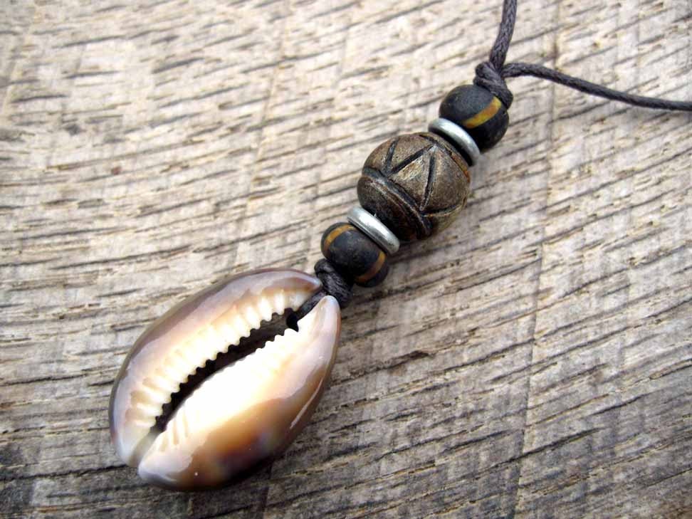 Mens tribal necklace cowrie shell pendant horn metal and