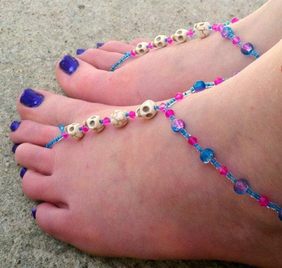 Pair of Skull Barefoot Sandals with Turquoise and Pink Beads and ...