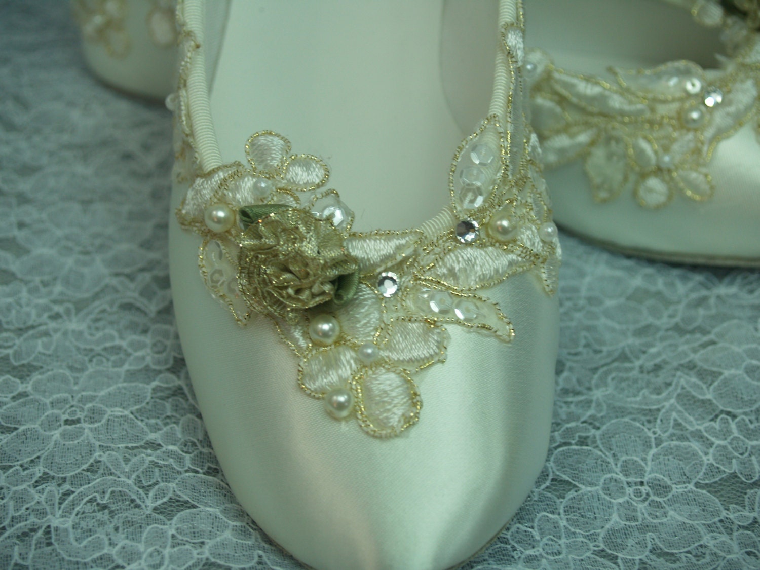 Wedding Flats Ivory Gold Shoes Satin Appliques pearls sequins