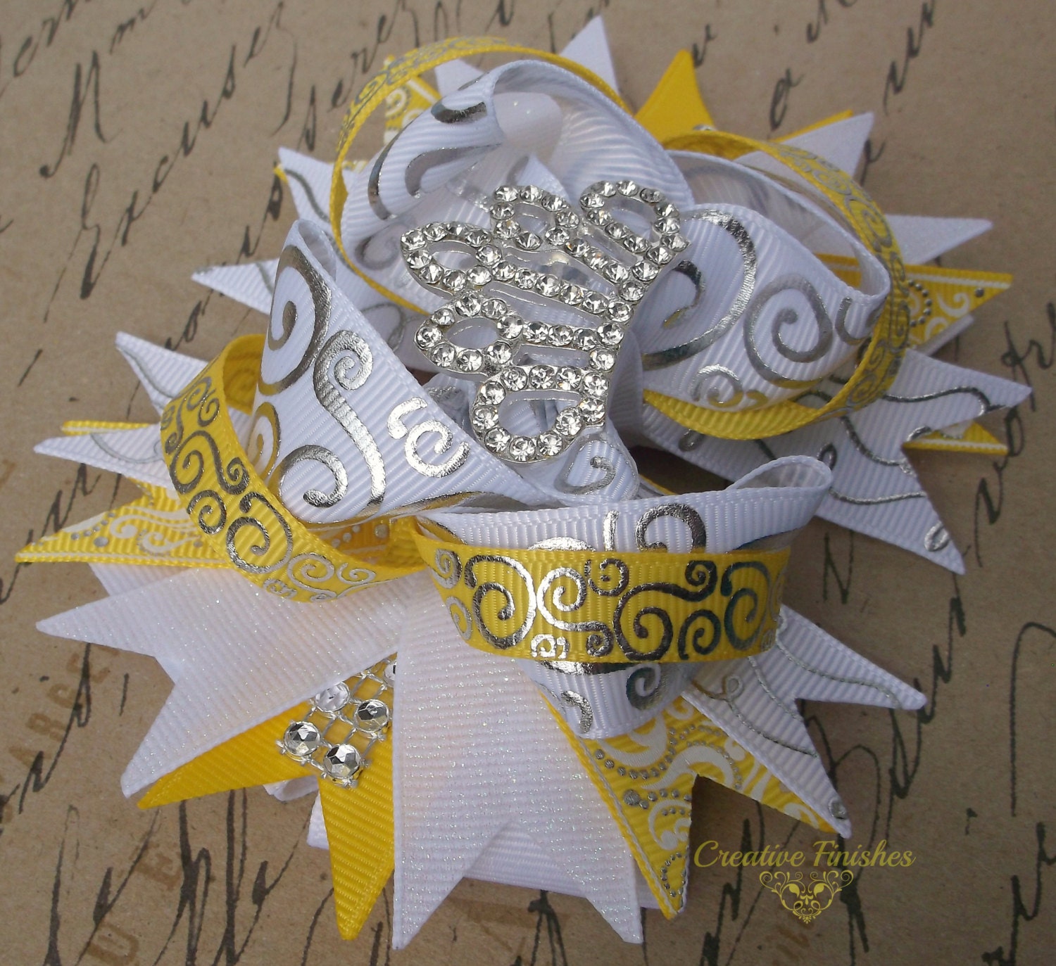 Belle Hair Bow Tiara Rhinestone Center Yellow and White