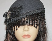 Black Wool Beret with Dangle Fringe and Gem Embellishment Black Wool Beret with Dangle Fringe and Gem Embellishment