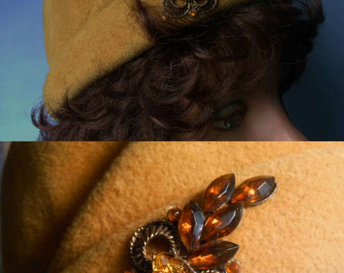 Mustard 1940s turban hat felt with rhinestone attached embellishment