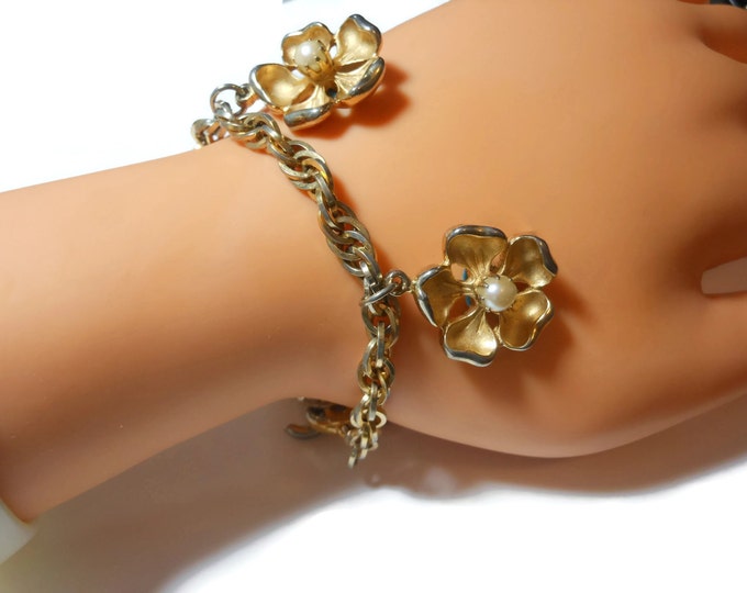 FREE SHIPPING Marvella charm bracelet, floral pearl bracelet, brushed gold petals interior pearl center, chain link, designer signed vintage