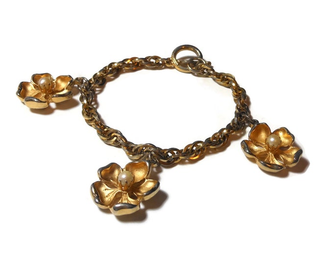 FREE SHIPPING Marvella charm bracelet, floral pearl bracelet, brushed gold petals interior pearl center, chain link, designer signed vintage