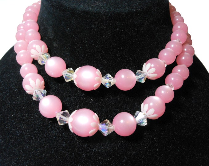 Pink pearl choker, or child's necklace, pink acrylic graduated beads with white daisy end caps, double strand, interspersed with crystals