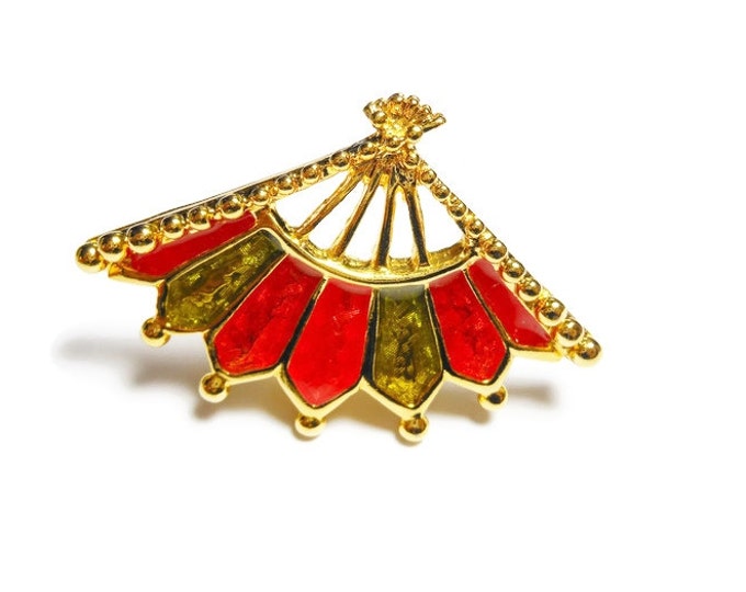 FREE SHIPPING Bob Mackie fan brooch, red, green and orange enamel fan, gold plated, designer to the stars