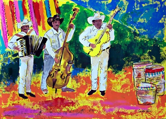 Original painting of Mexican musicians at Mexican market