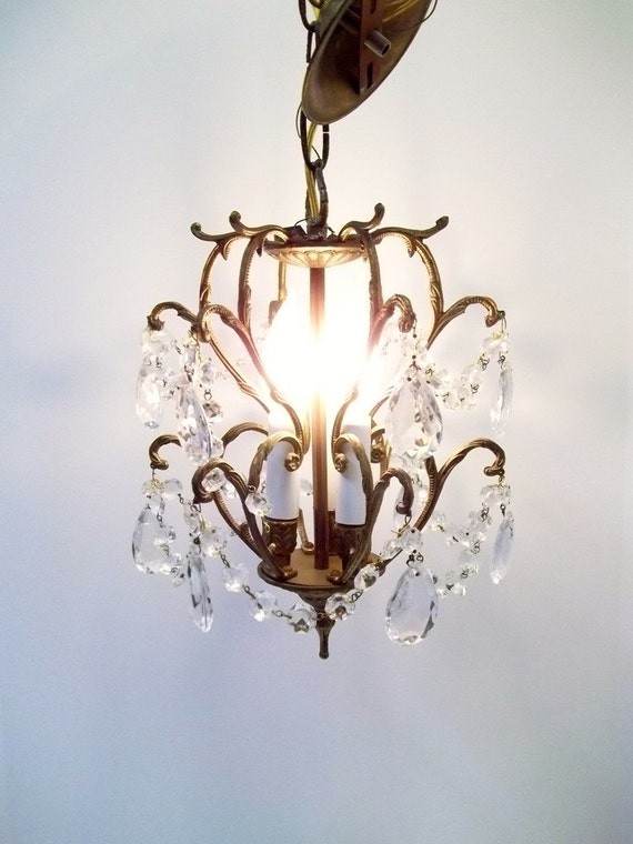 Petite Crystal Brass Chandelier Cage Light Girls Room Light Small Three