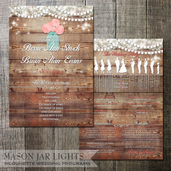 Rustic Wedding Program with wedding party silhouettes and 