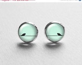 SALE Mint Bird Earrings Studs Posts, Christmas In July, CIJ, Birds On Wire, Summer Wedding Jewelry, Mint Green, Bridesmaid Gift, E100