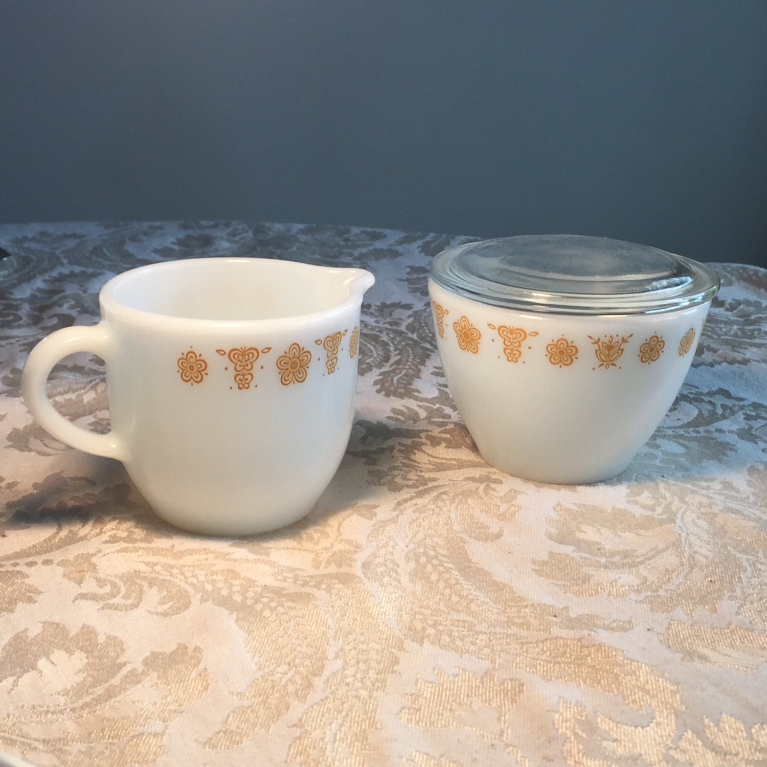 Pyrex Butterfly Gold Creamer and Sugar Bowl / Vintage Glassware Haute