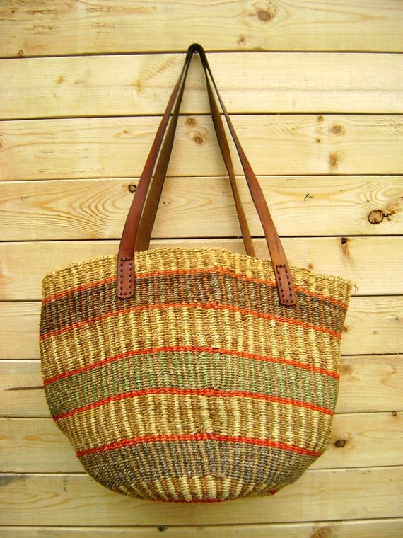 80s woven STRAW handbag vintage striped oversized SISAL jute