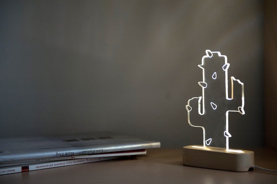 Modern concrete cactus lamp, Geometric LED lamp ,concrete table lamp, plant night light, desert themed decorative lamp