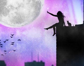 The moon,The girl and the city,Moon,girl,city,night,stars,landscape,art,artwork,new york,CHRISTMAS