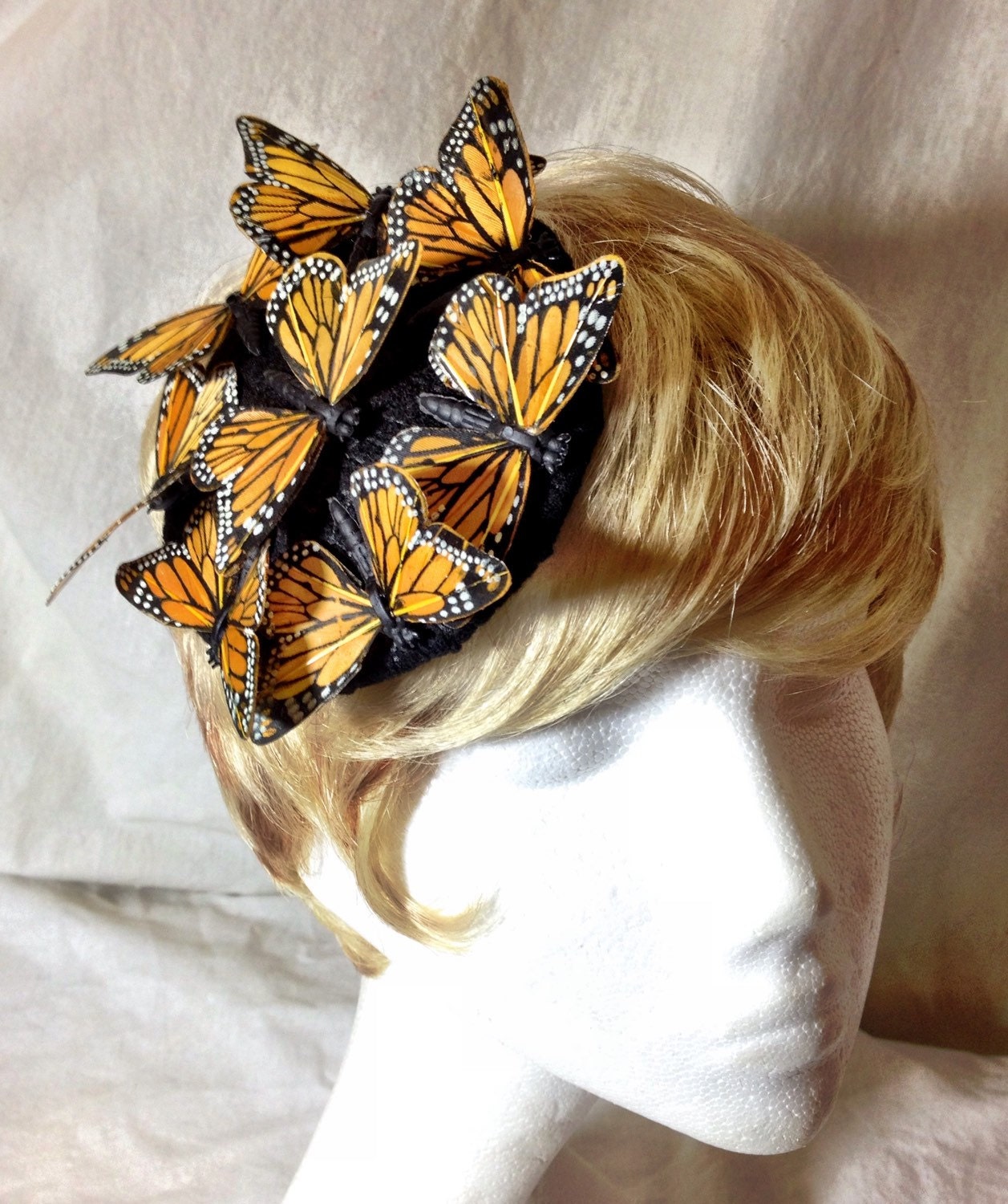 Feather Monarch butterfly fascinator derby hat