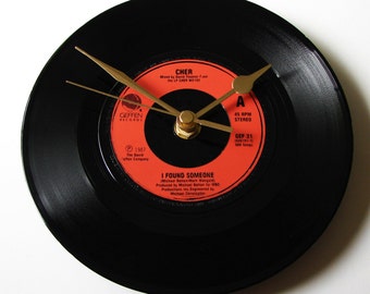 CHER Record clock, "I Found Someone", Vinyl Record CLOCK, recycled 7" single, Retro, recycled, Rock, anniversary gift, orange and black